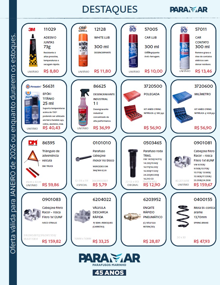 Destaques do mês Paramar — ofertas de parafusos e peças